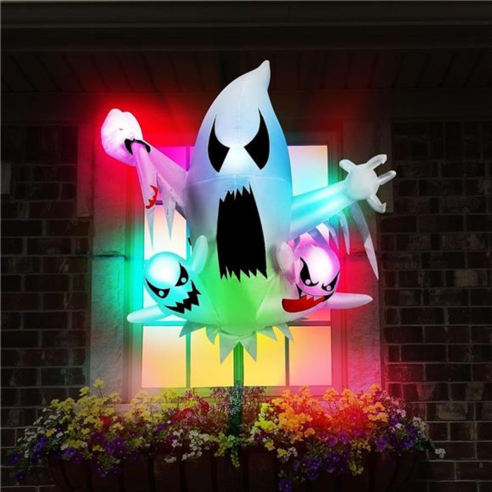 3.5ft Halloween Inflatable 3 Ghost Sword& Colorful Lights Broke Out from Window